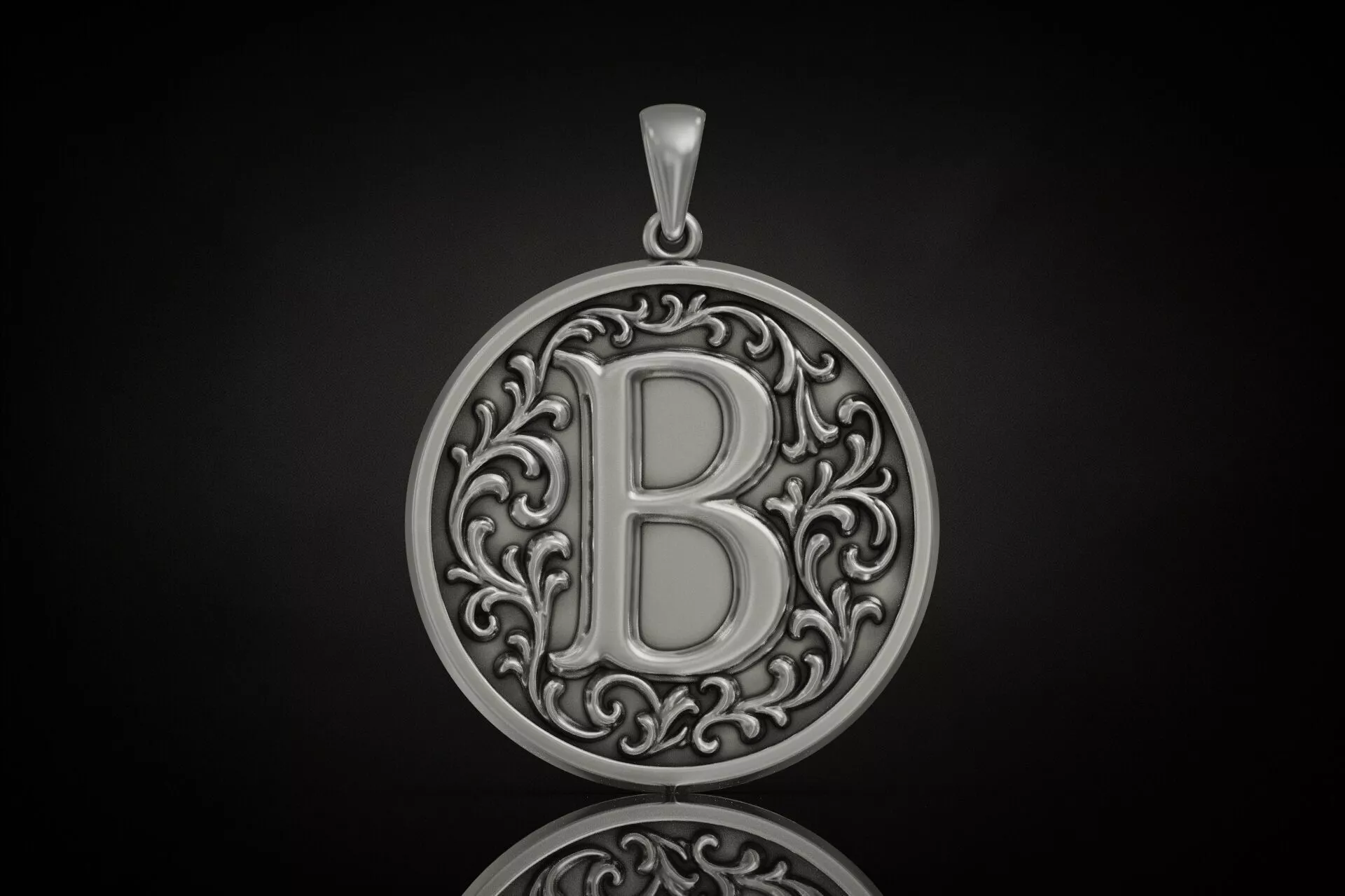Letter B Round Pendant Baroque Scrollwork Engravable Back 3D print model
