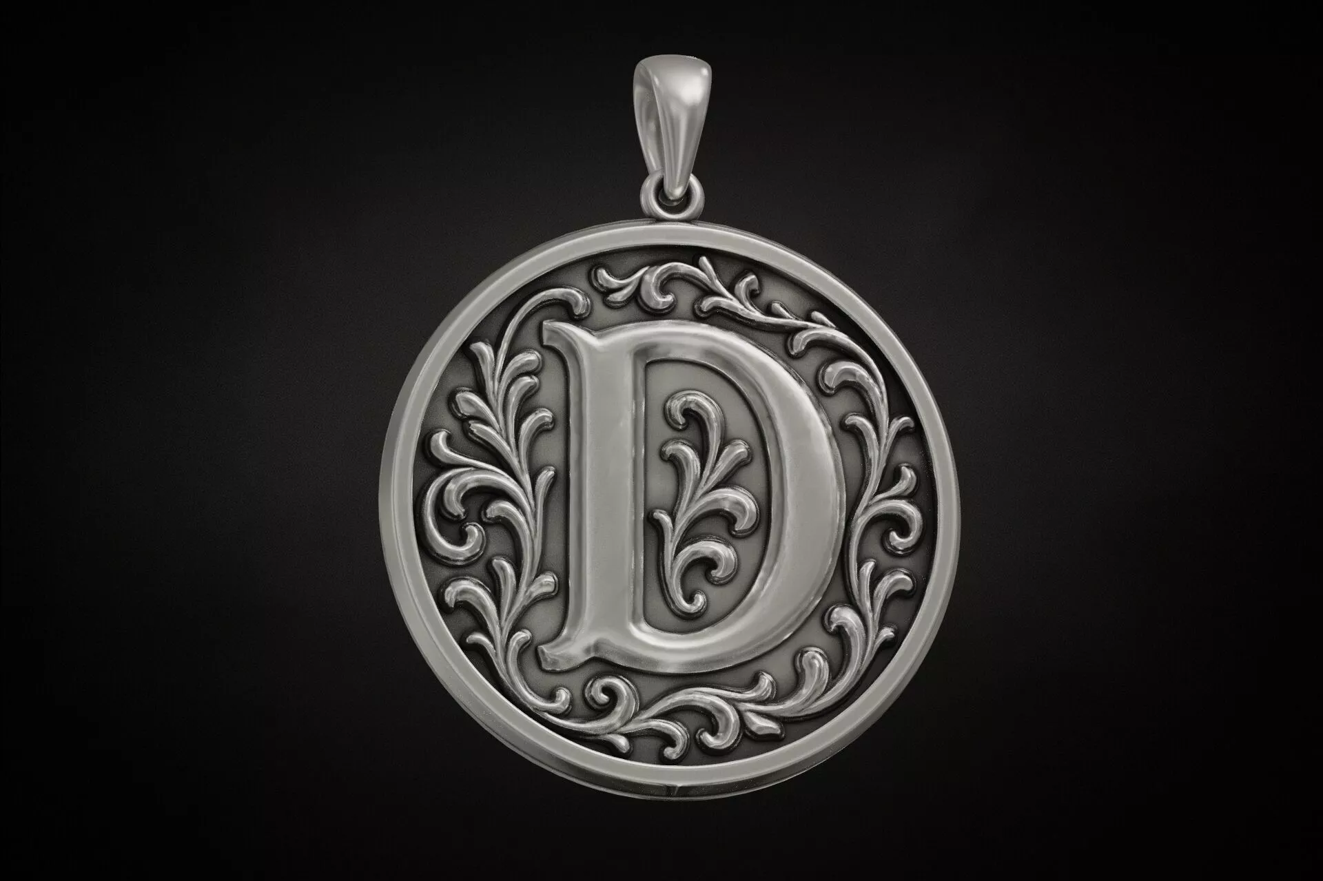 Letter D Round Pendant Baroque Scrollwork Engravable Back 3D print model