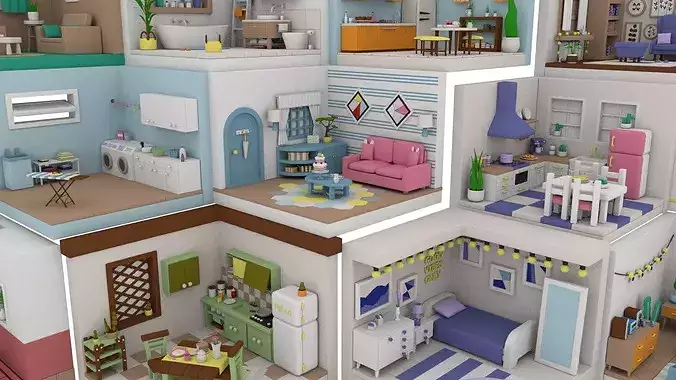 Stylized Low Poly Interior Rooms Pack  Cute Modular Home  Low-poly 3D model 5