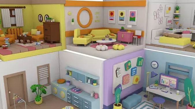 Stylized Low Poly Interior Rooms Pack  Cute Modular Home  Low-poly 3D model 7