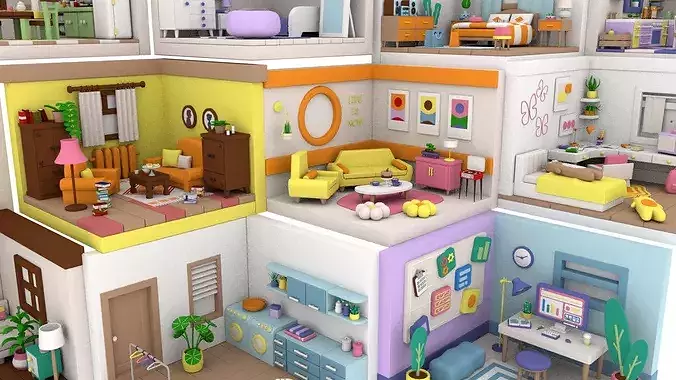 Stylized Low Poly Interior Rooms Pack  Cute Modular Home  Low-poly 3D model