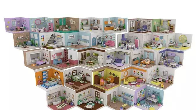 Stylized Low Poly Interior Rooms Pack  Cute Modular Home  Low-poly 3D model 3
