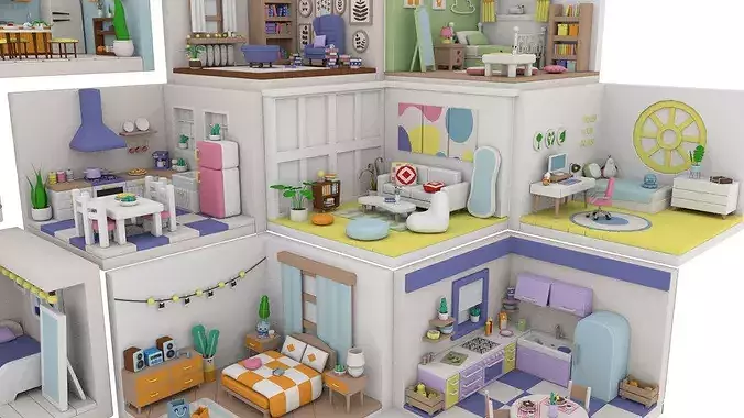 Stylized Low Poly Interior Rooms Pack  Cute Modular Home  Low-poly 3D model 6