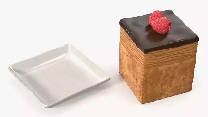Cube Croissant Pastry with Raspberry on Plate 3D model 5
