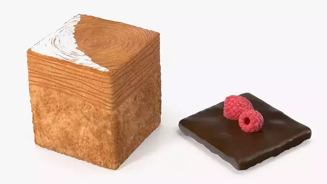 Cube Croissant Pastry with Raspberry on Plate 3D model 7