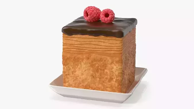 Cube Croissant Pastry with Raspberry on Plate 3D model 4
