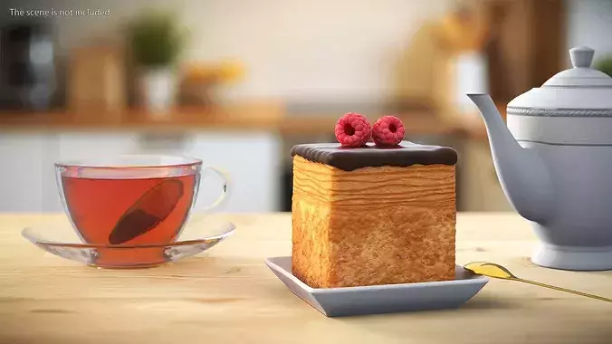 Cube Croissant Pastry with Raspberry on Plate 3D model 3