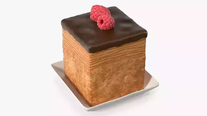 Cube Croissant Pastry with Raspberry on Plate 3D model 2