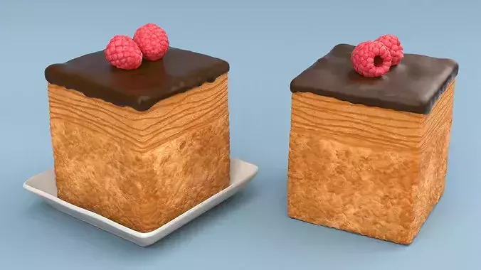 Cube Croissant Pastry with Raspberry on Plate 3D model