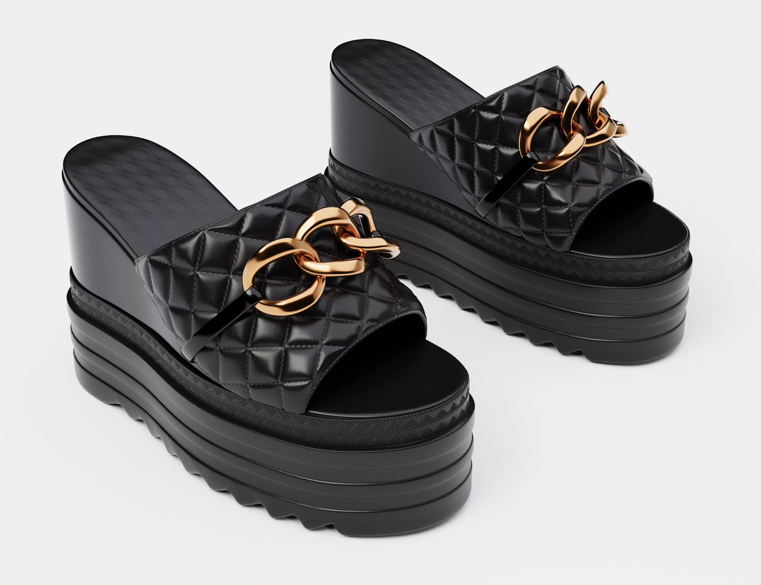 Black leather high chunky platform sandals Low-poly 3D model