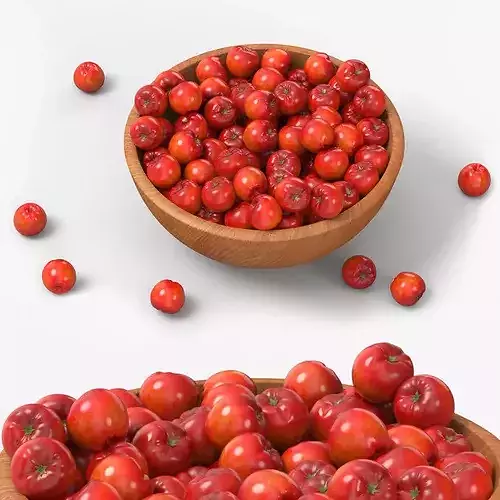 Acerola Fruit with Wooden Bowl Red 3D model 2
