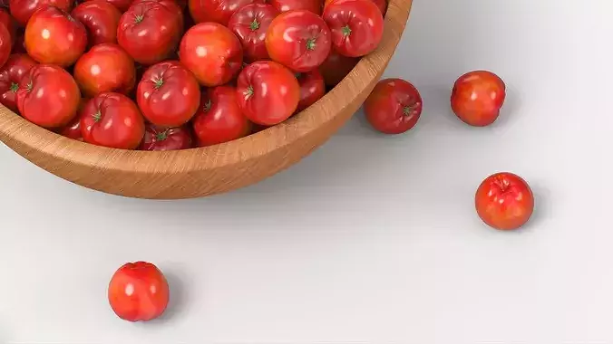 Acerola Fruit with Wooden Bowl Red 3D model 5