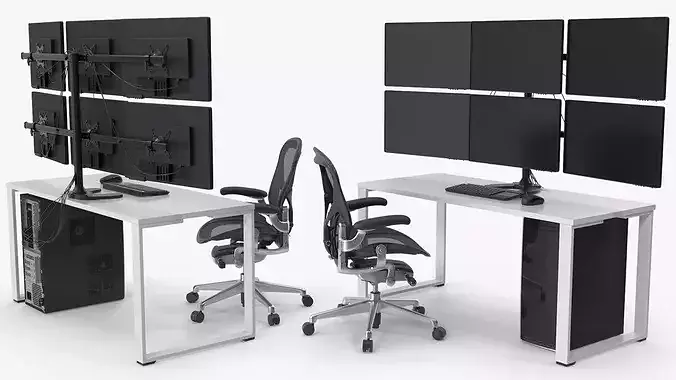 Professional Trading Desk with Six Monitors Furniture 3D model 4
