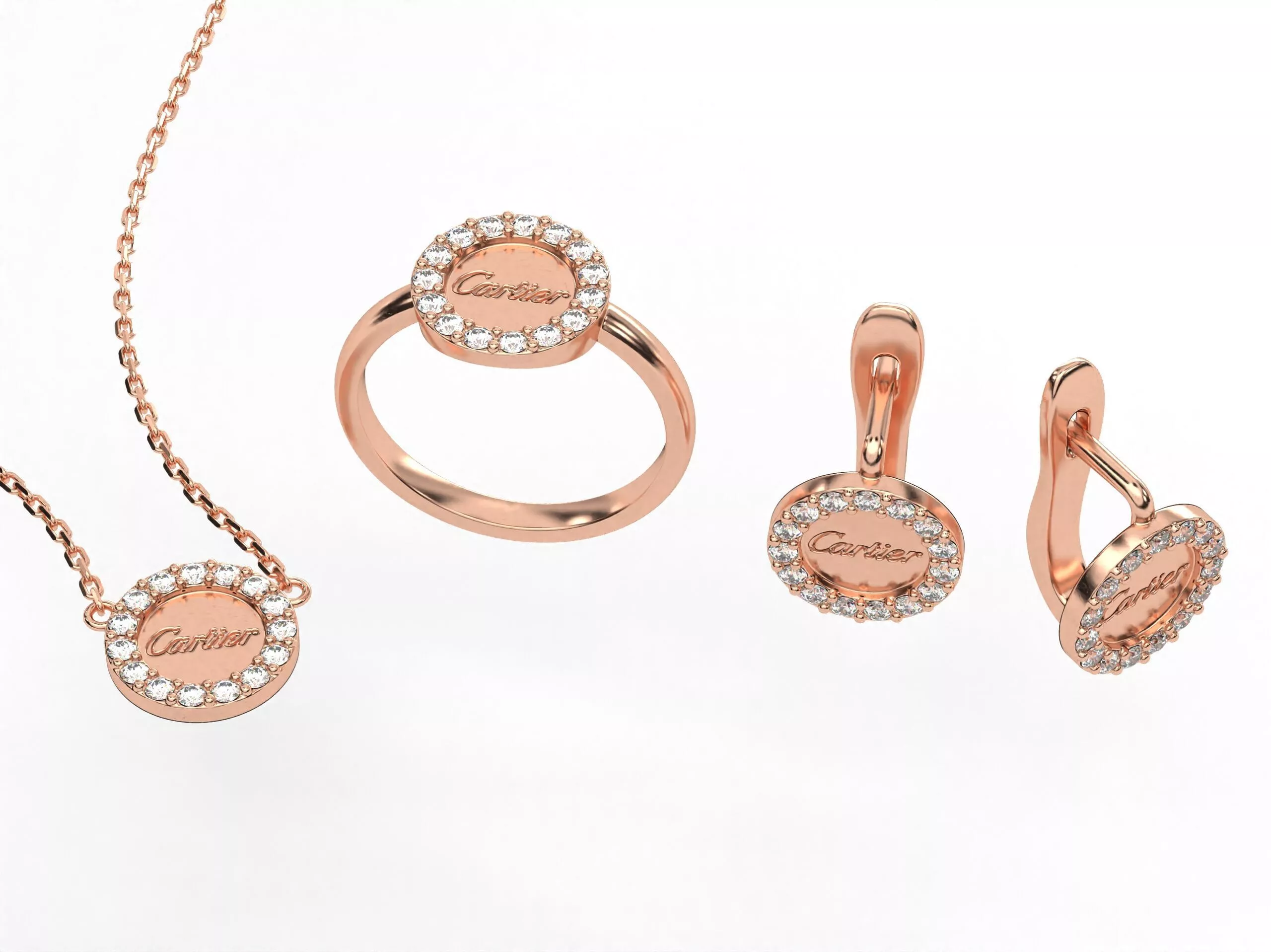 Set round ring pendant and earrings with diamonds 3D print model 3D print model