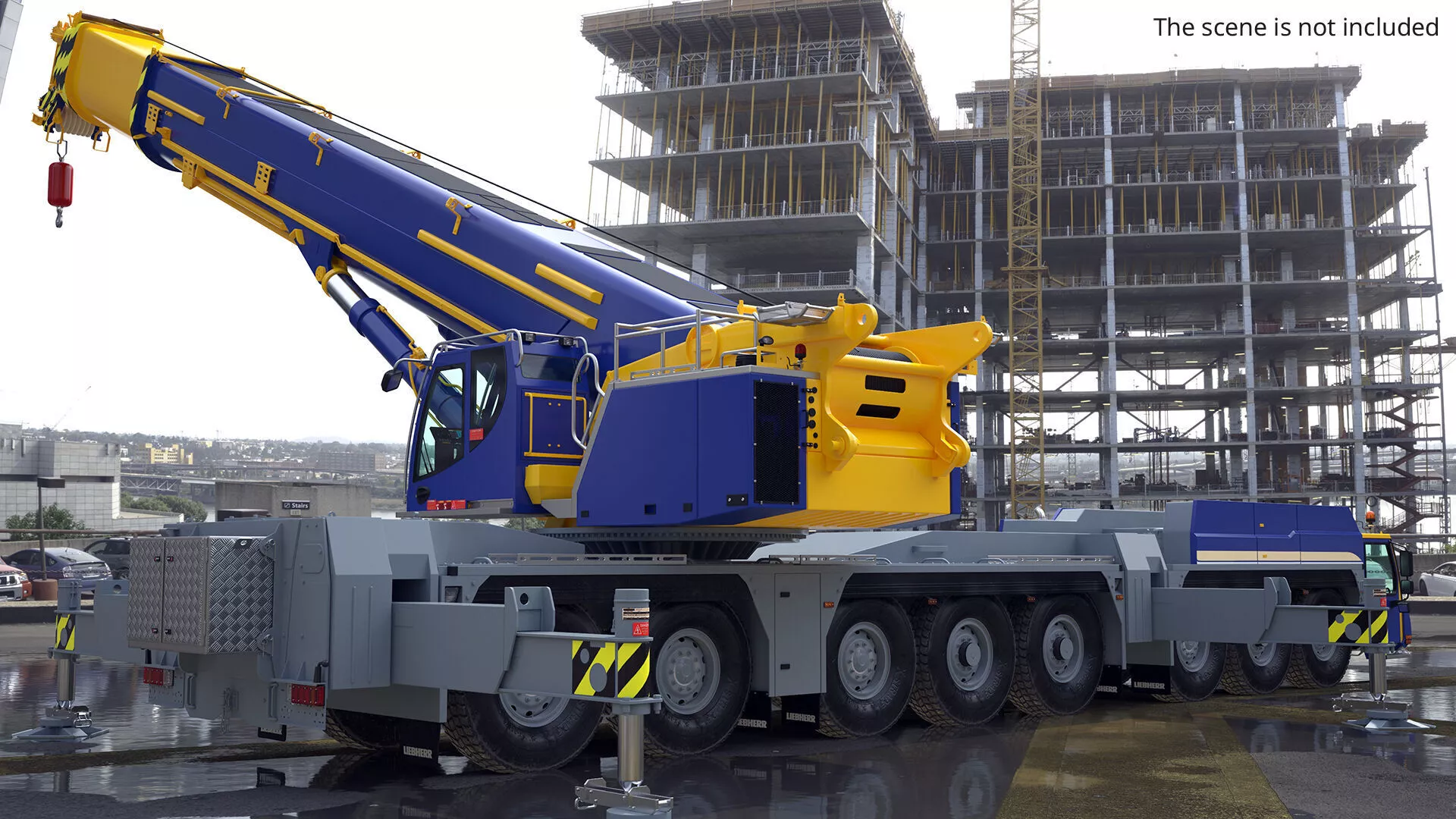 All Terrain Mobile Crane Folded Blue Yellow Rigged 3D model