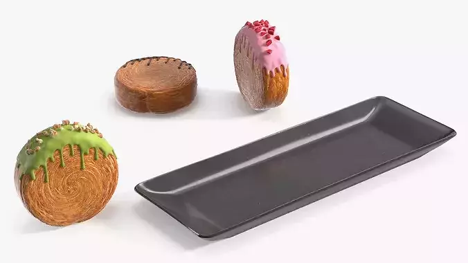 Round Croissant Pastry with Three Glazed Flavors on Tray 3D model 5