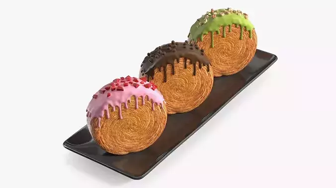 Round Croissant Pastry with Three Glazed Flavors on Tray 3D model