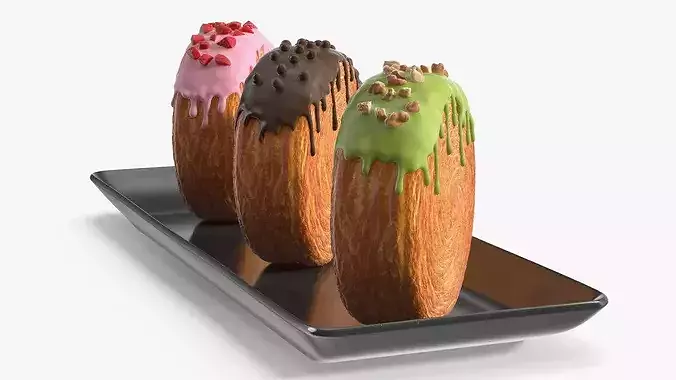 Round Croissant Pastry with Three Glazed Flavors on Tray 3D model 4