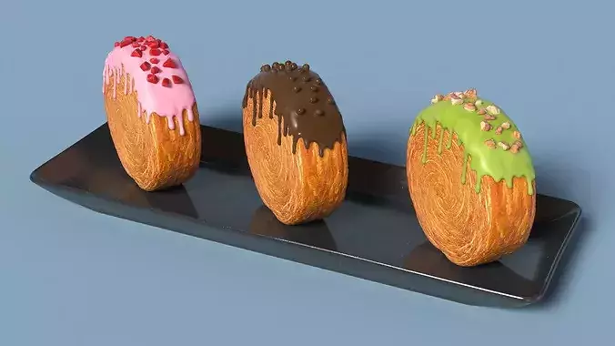 Round Croissant Pastry with Three Glazed Flavors on Tray 3D model 3
