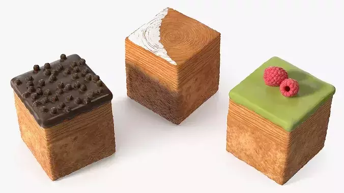 Cube Croissant Pastry with Three Toppings 3D model