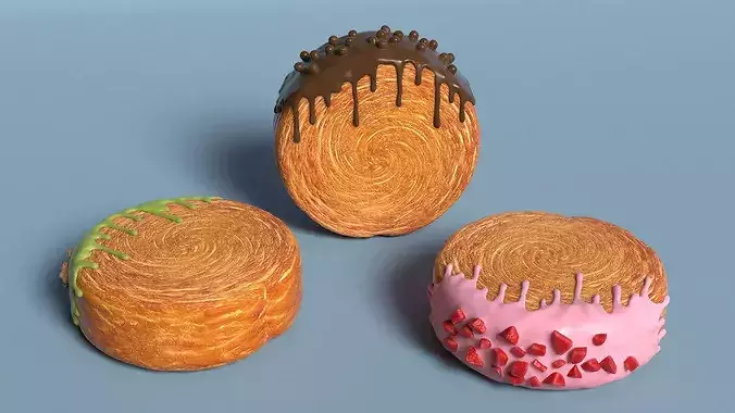 Round Croissant Pastry with Three Glazed Toppings 3D model 3
