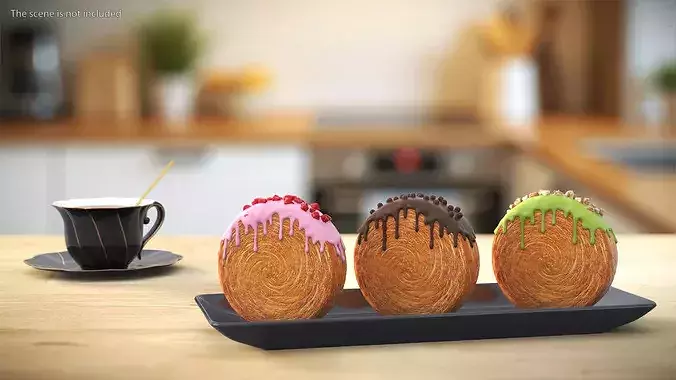 Round Croissant Pastry with Three Glazed Toppings 3D model 2