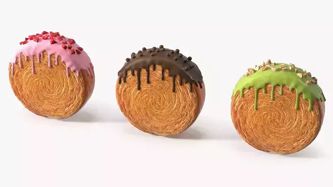 Round Croissant Pastry with Three Glazed Toppings 3D model