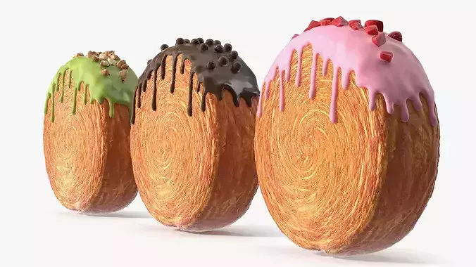 Round Croissant Pastry with Three Glazed Toppings 3D model 4