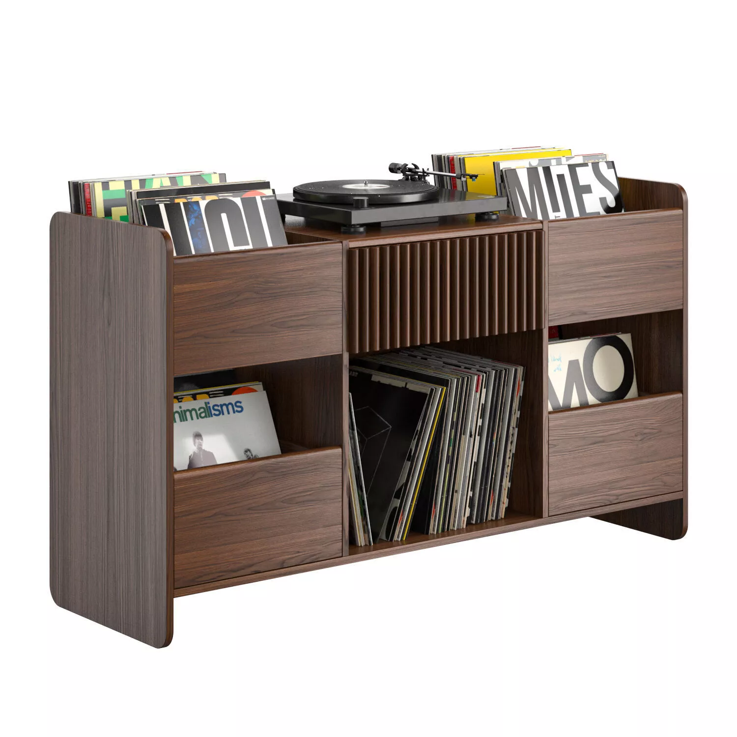 Walnut shelving unit with a vinyl player 3D model