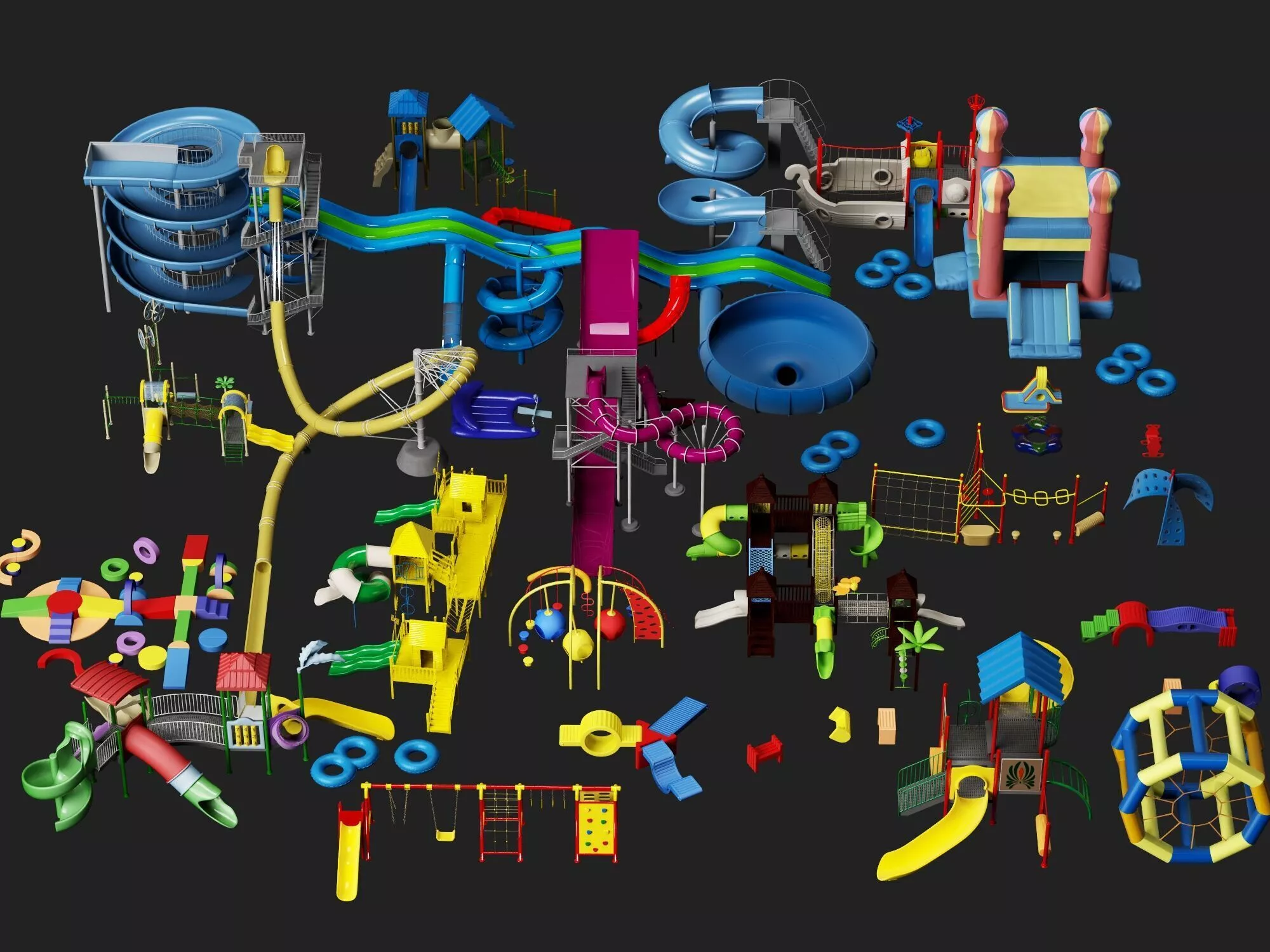 Large childrens playground and water park equipment Low-poly 3D model