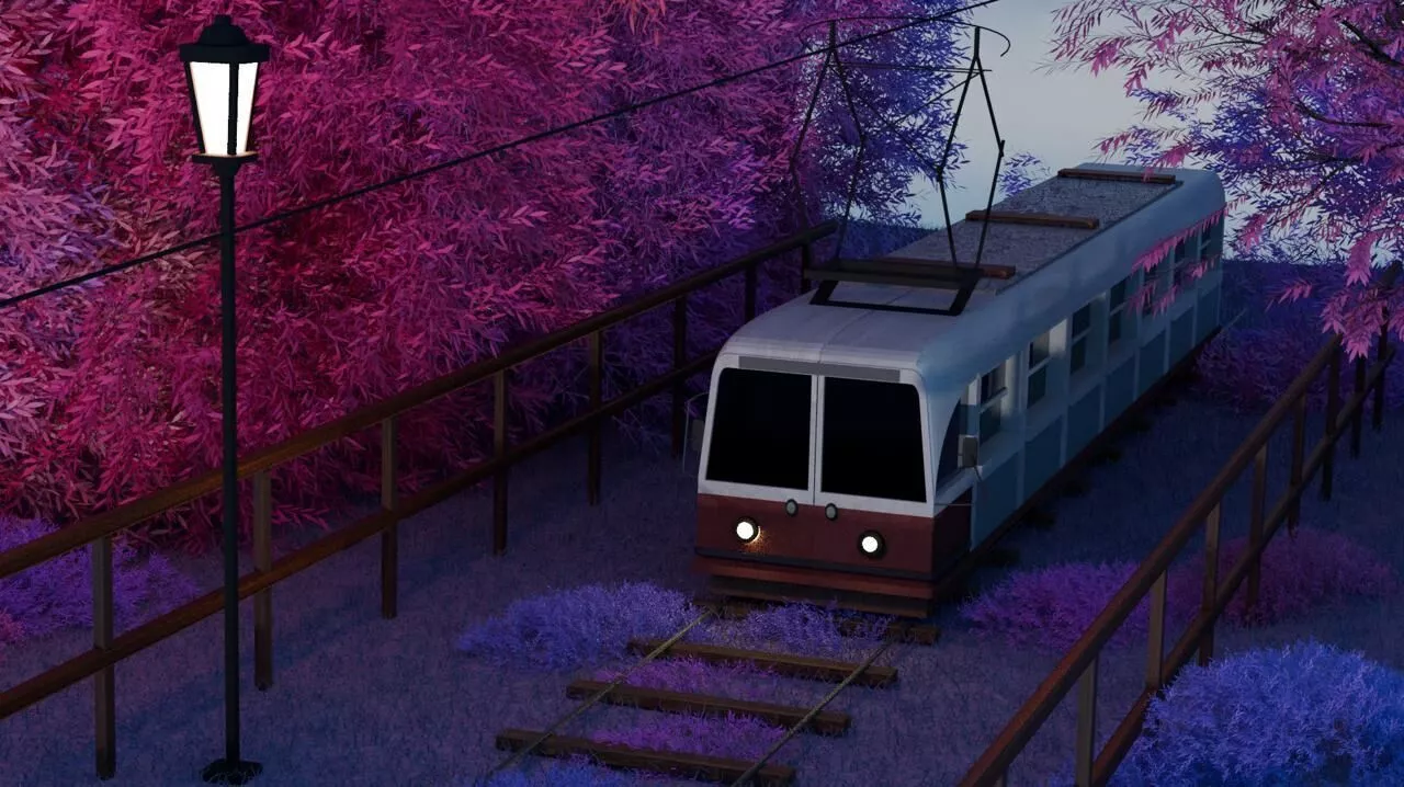Tram Environment Scene Tracks Foliage Tram Streetlight Fence 3D model