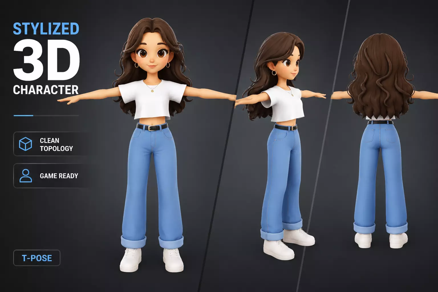 Stylized Cute Girl Character 3D Cartoon Female 3D model