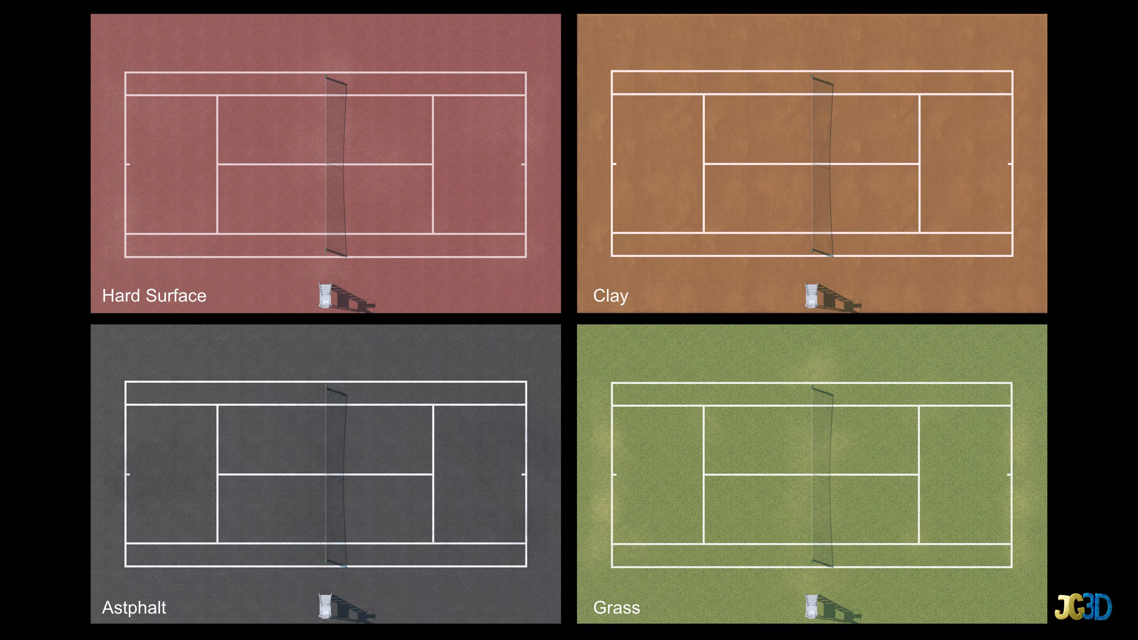 Tennis Court 4K PBR Multi Surface with Fence Low-poly 3D model
