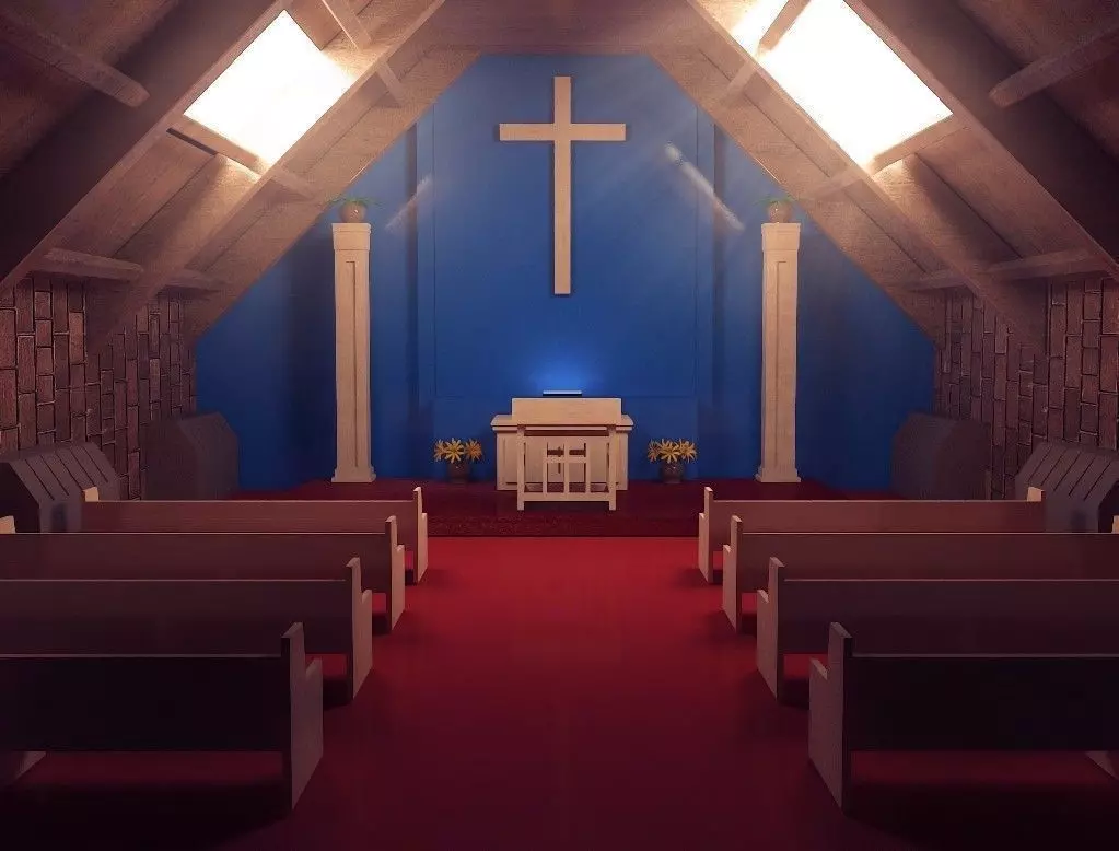 Church inside of with pews and cross 3D model_0