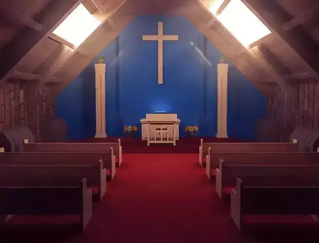 Church inside of with pews and cross