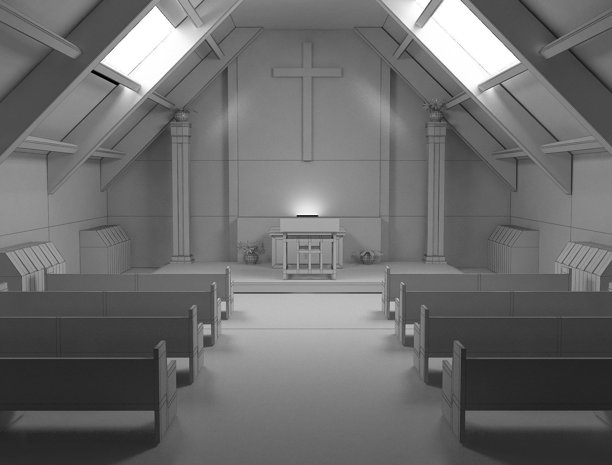 Church inside of with pews and cross 3D model_3