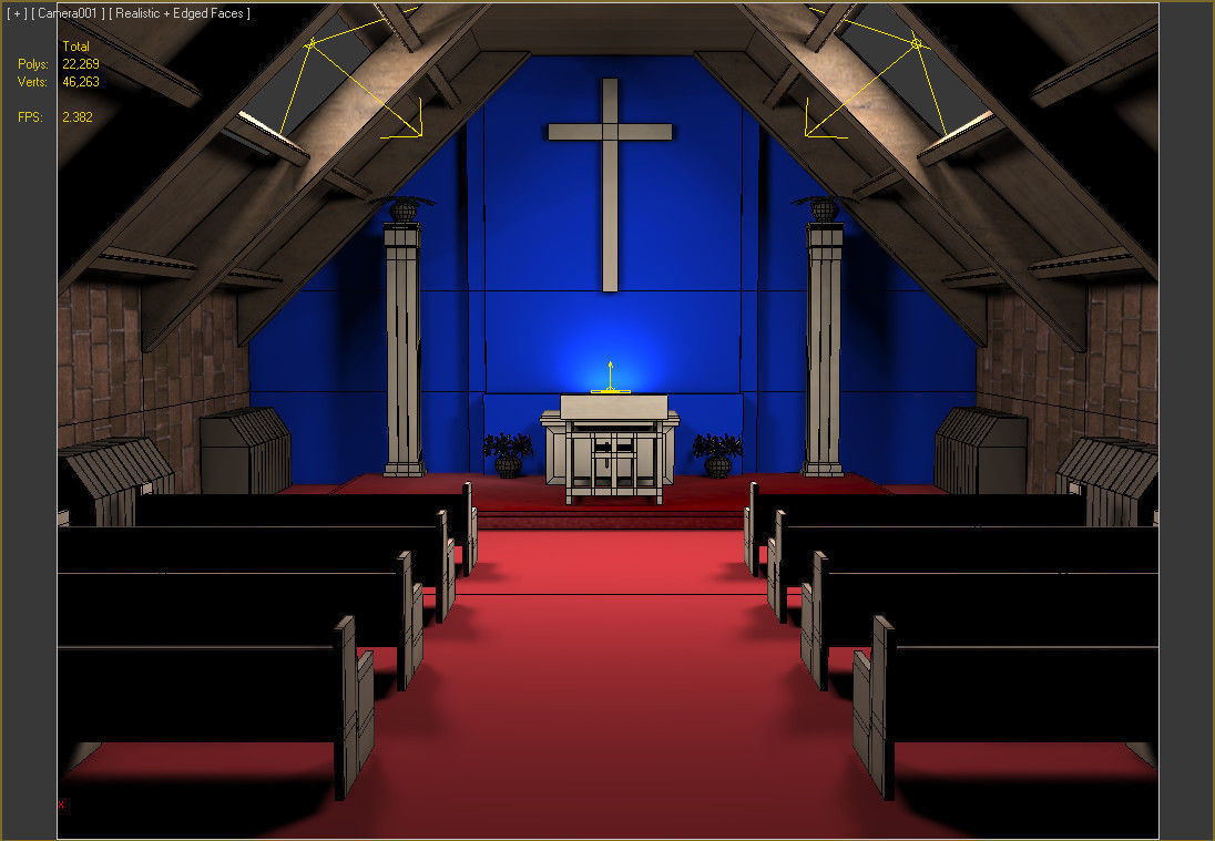 Church inside of with pews and cross 3D model_1