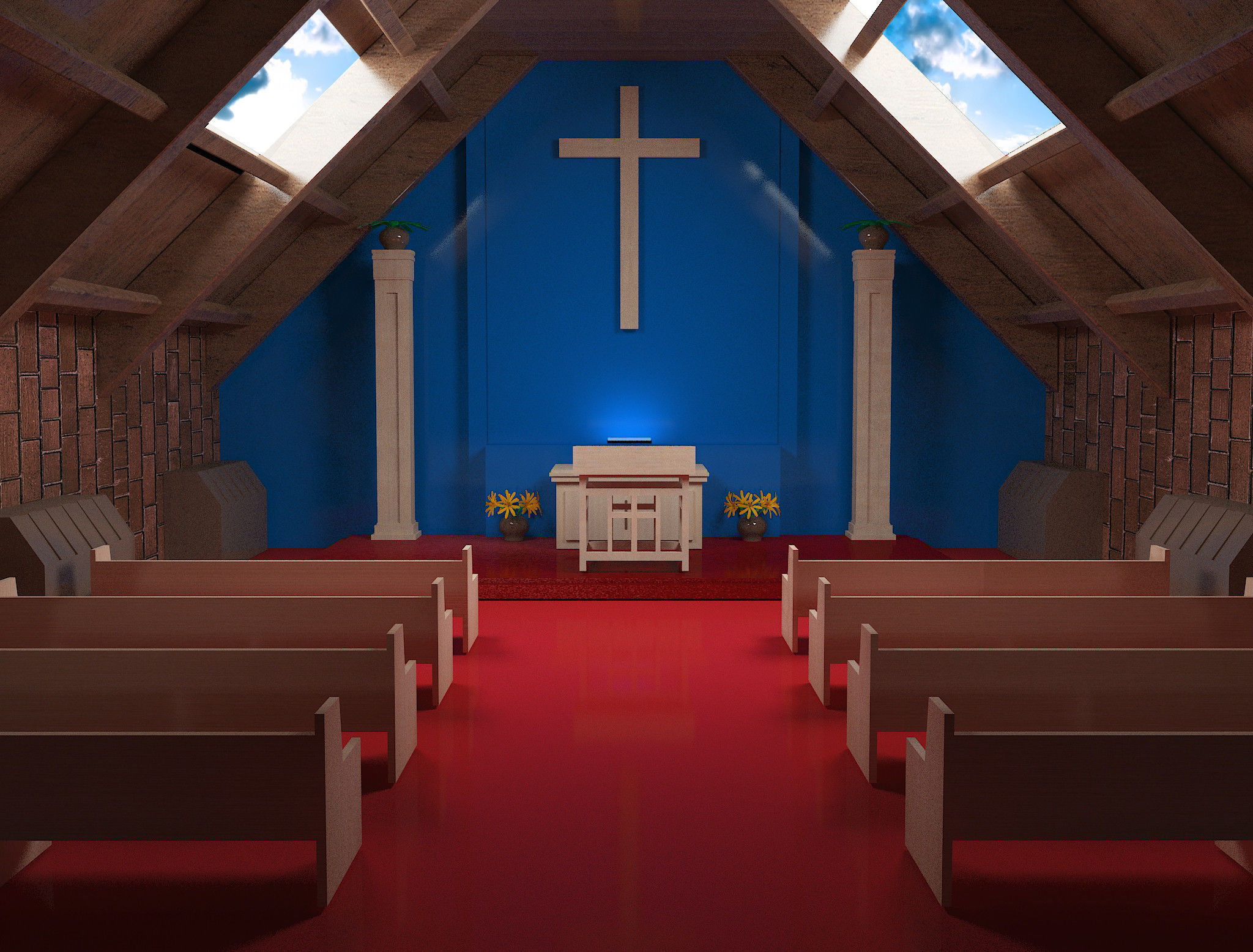Church inside of with pews and cross 3D model_2