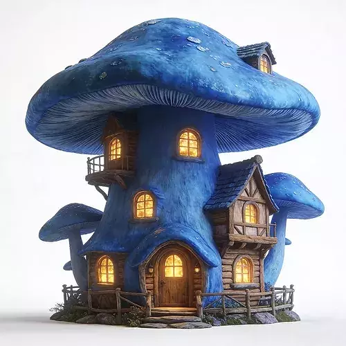 Enchanted Blue Mushroom Fantasy Cottage 3D Model