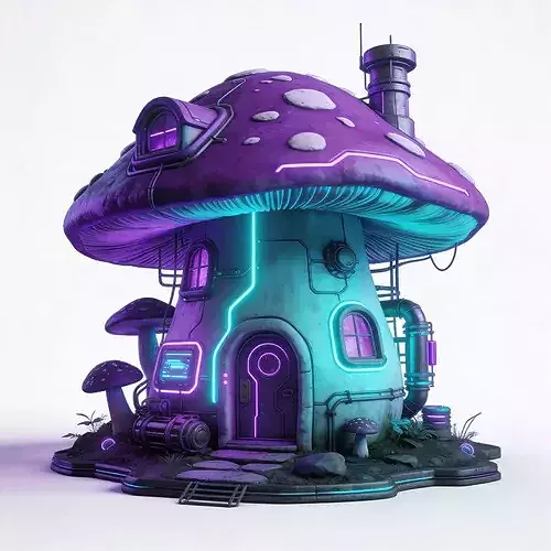 Stylized 3D Cyberpunk Neon Mushroom House