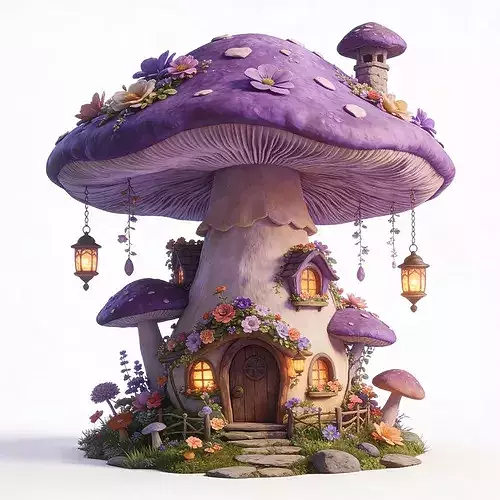 Stylized 3D Lavender Fairy Mushroom Cottage