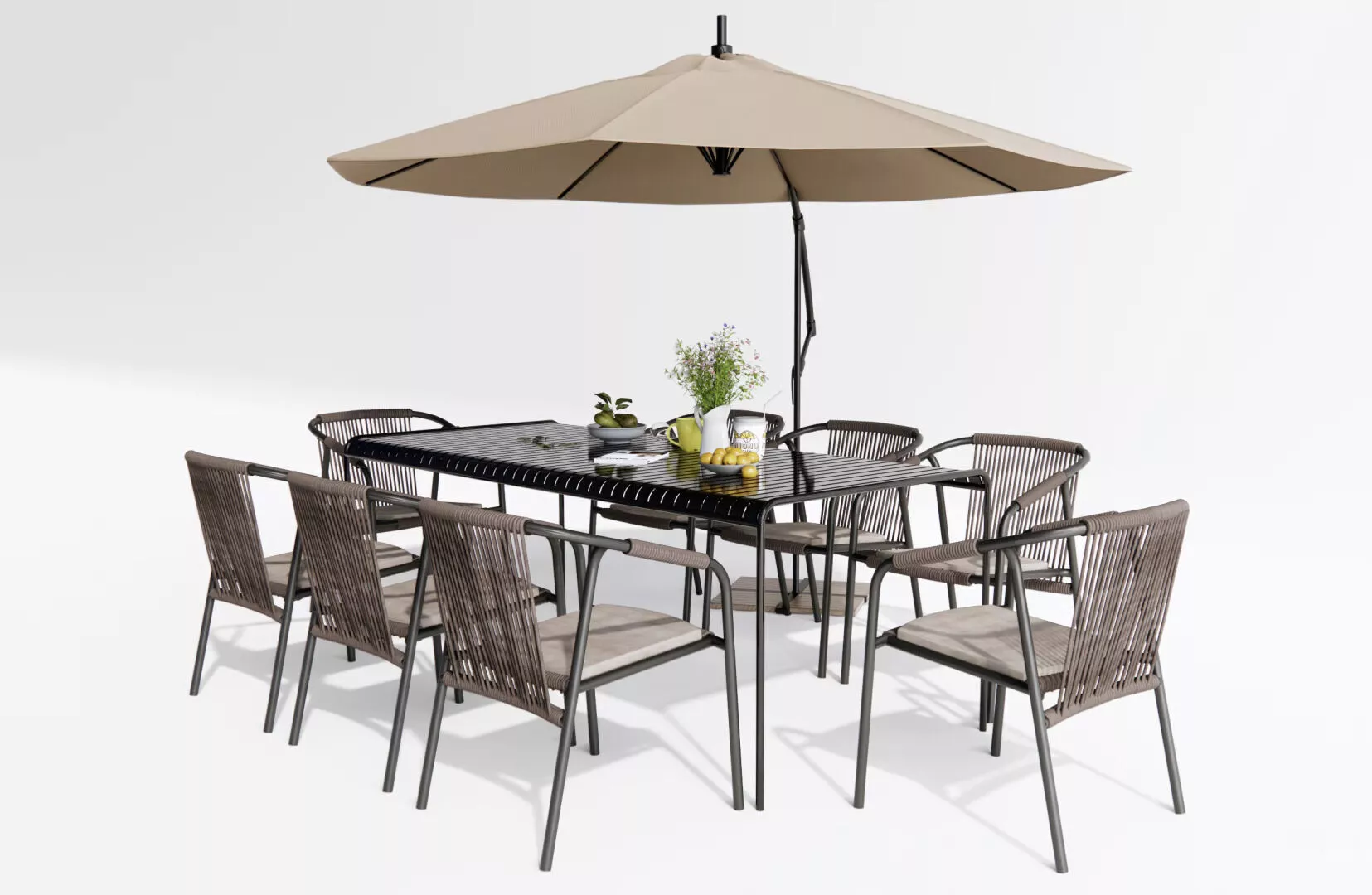 Modern Outdoor Wicker Dining Set with Umbrella Low-poly 3D model