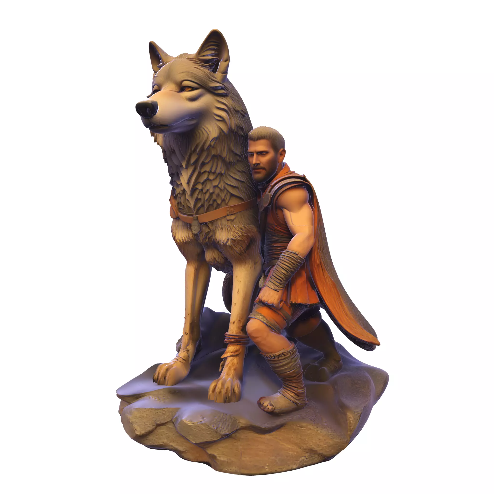 Fantasy Warrior and Wolf Companion PBR Statue 3D print model