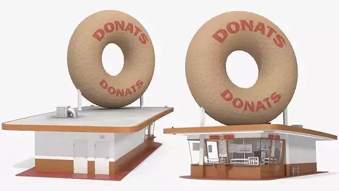 Giant Donut Sign Bakery Building 3D model 3