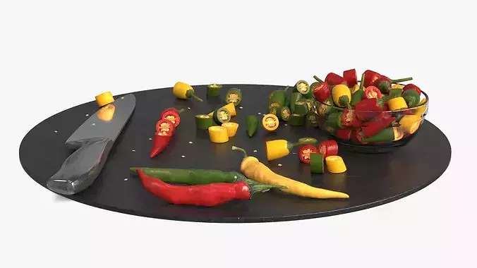 Sliced Chili Peppers on Cutting Board Multicolor 3D model 5