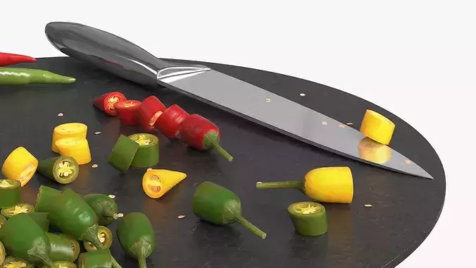 Sliced Chili Peppers on Cutting Board Multicolor 3D model 7