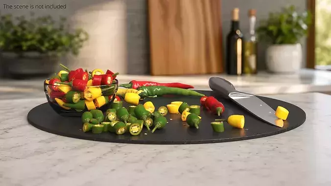 Sliced Chili Peppers on Cutting Board Multicolor 3D model 2