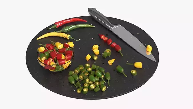 Sliced Chili Peppers on Cutting Board Multicolor 3D model 3