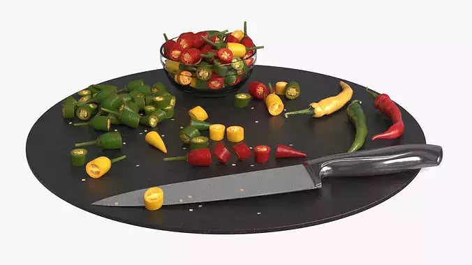Sliced Chili Peppers on Cutting Board Multicolor 3D model