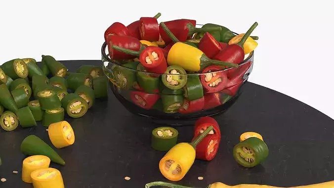 Sliced Chili Peppers on Cutting Board Multicolor 3D model 6